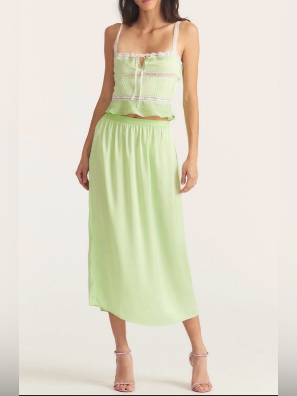 LoveShackFancy Pale Green Elastic-Waist Midi Skirt